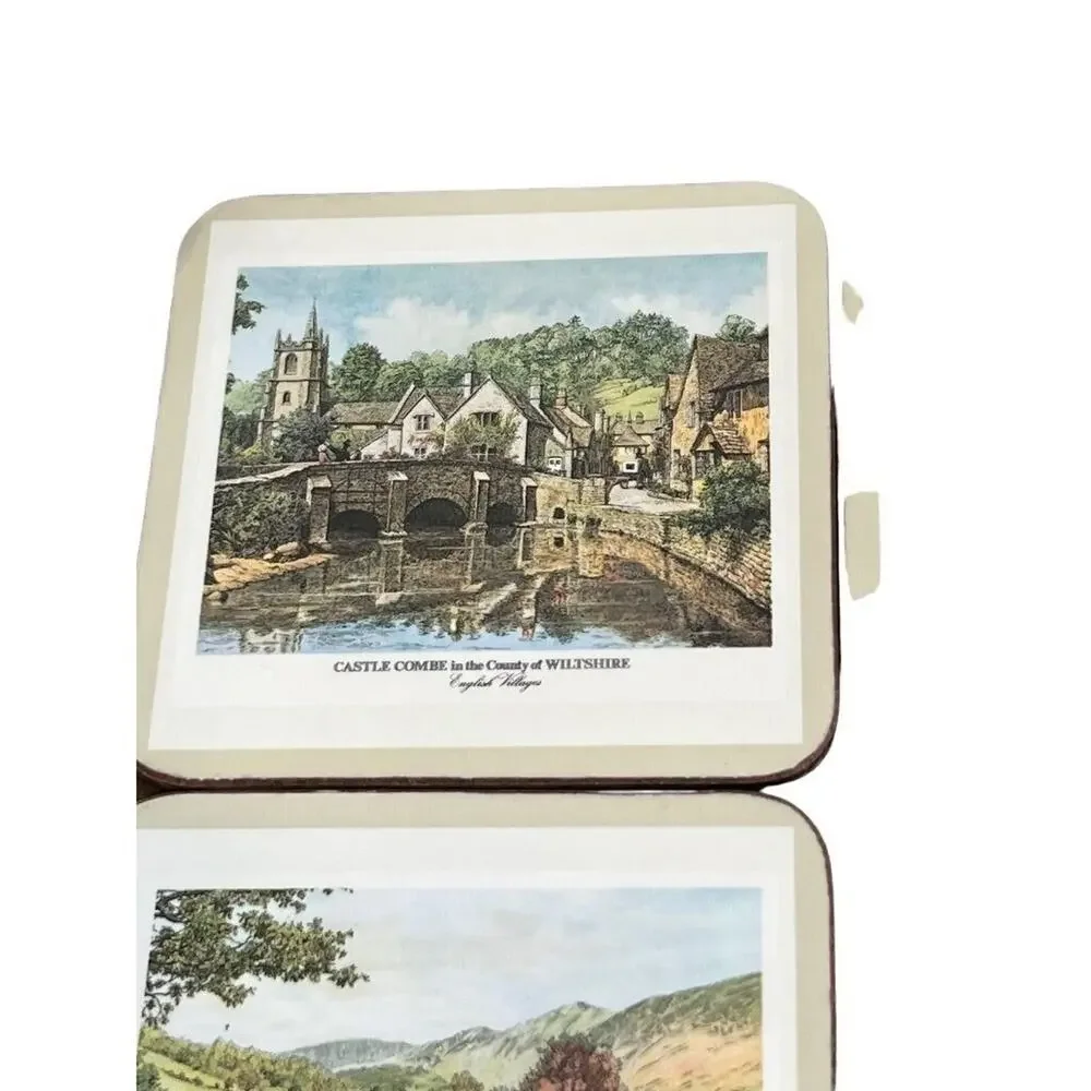 Pimpernel English Villages 4.25x4.25 Coasters Cork Bottom With Box